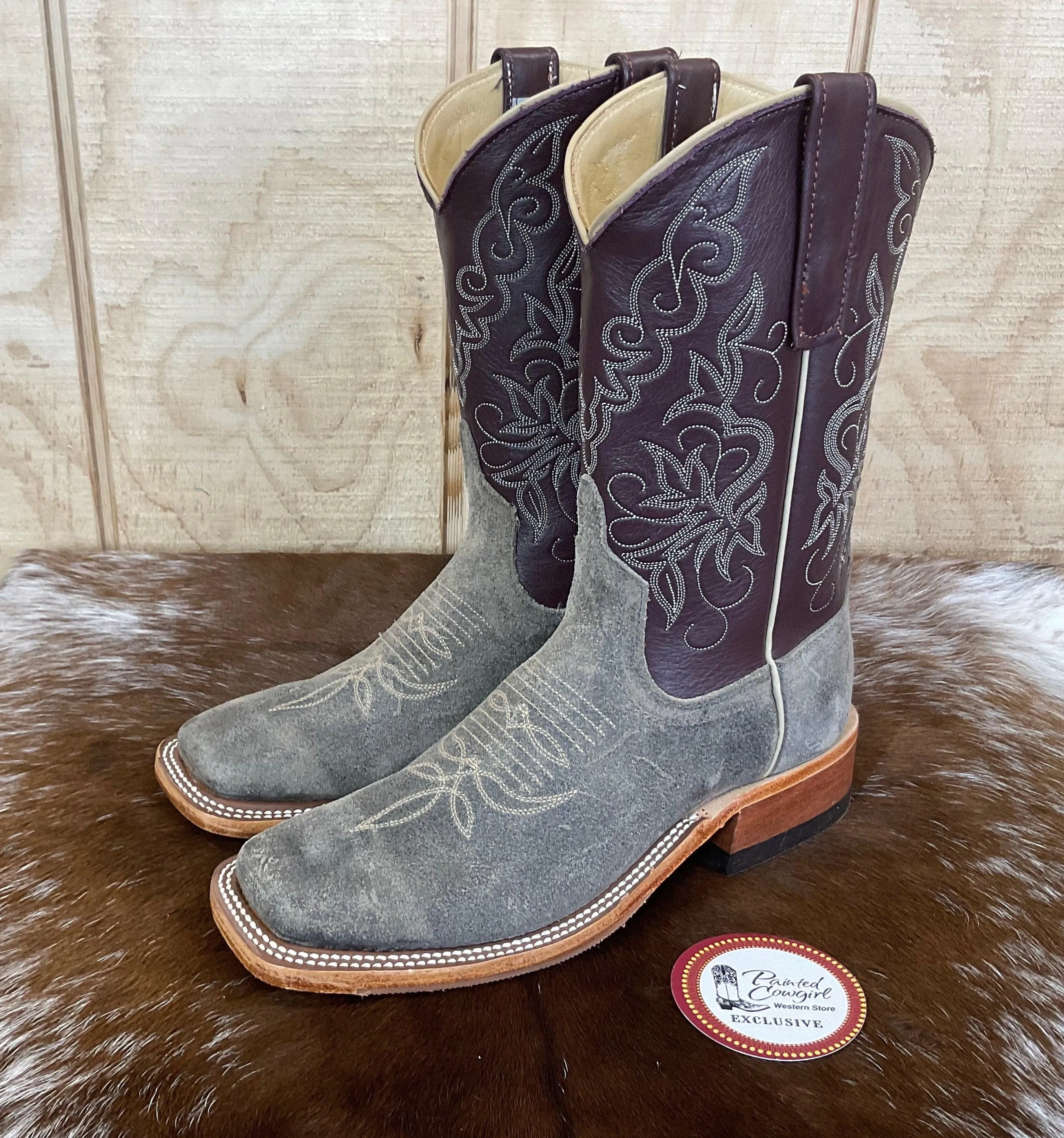 Anderson Bean Women’s Stone Waxy Kudu & Vienna Luscious Deerskin Square Toe Cowgirl Boots 333581