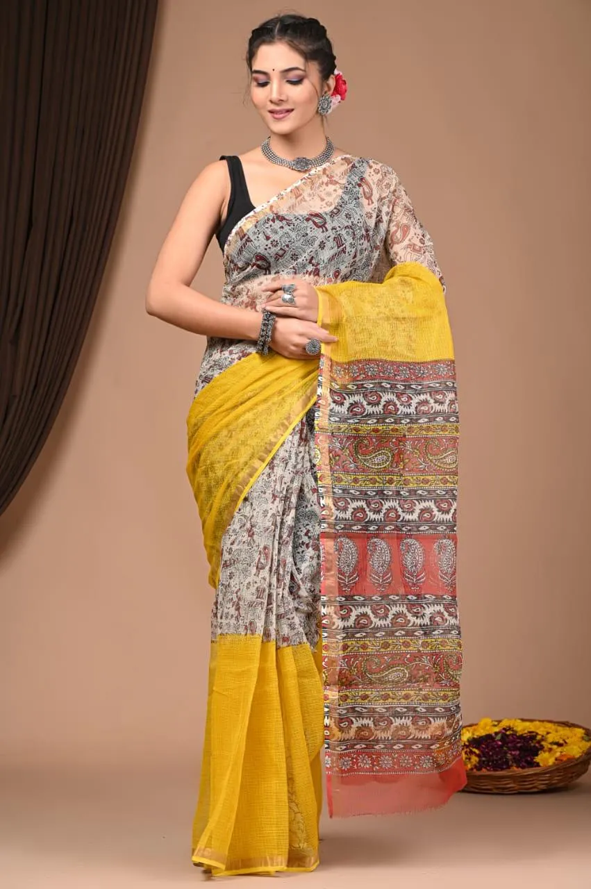 Authentic Yellow Floral Traditional Kota Doriya Print Saree