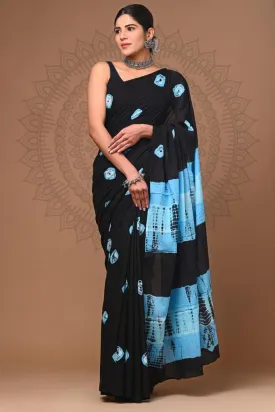 Black and Blue Hand Block Printed MulMul Cotton Saree