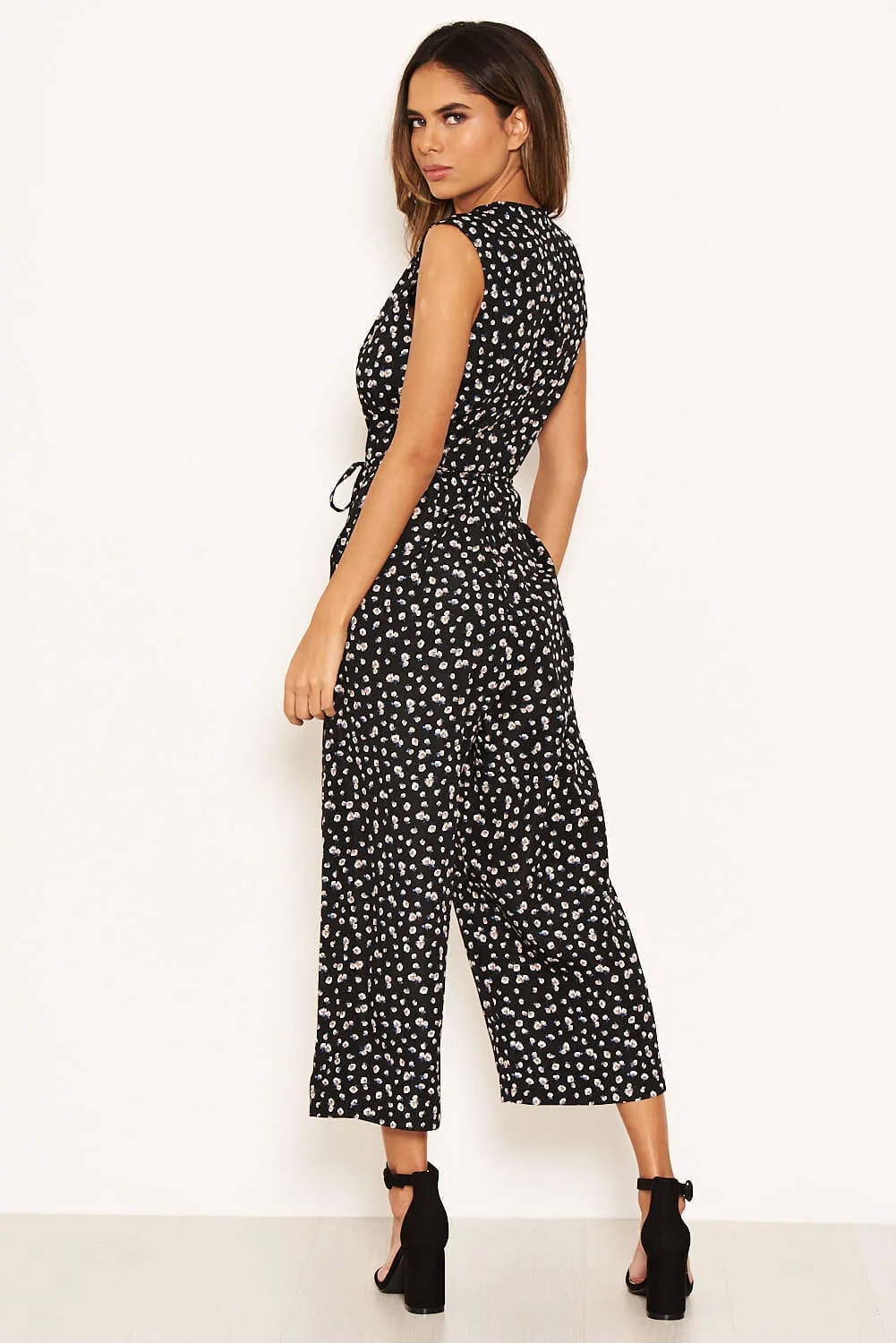 Black Ditsy Wrap Jumpsuit