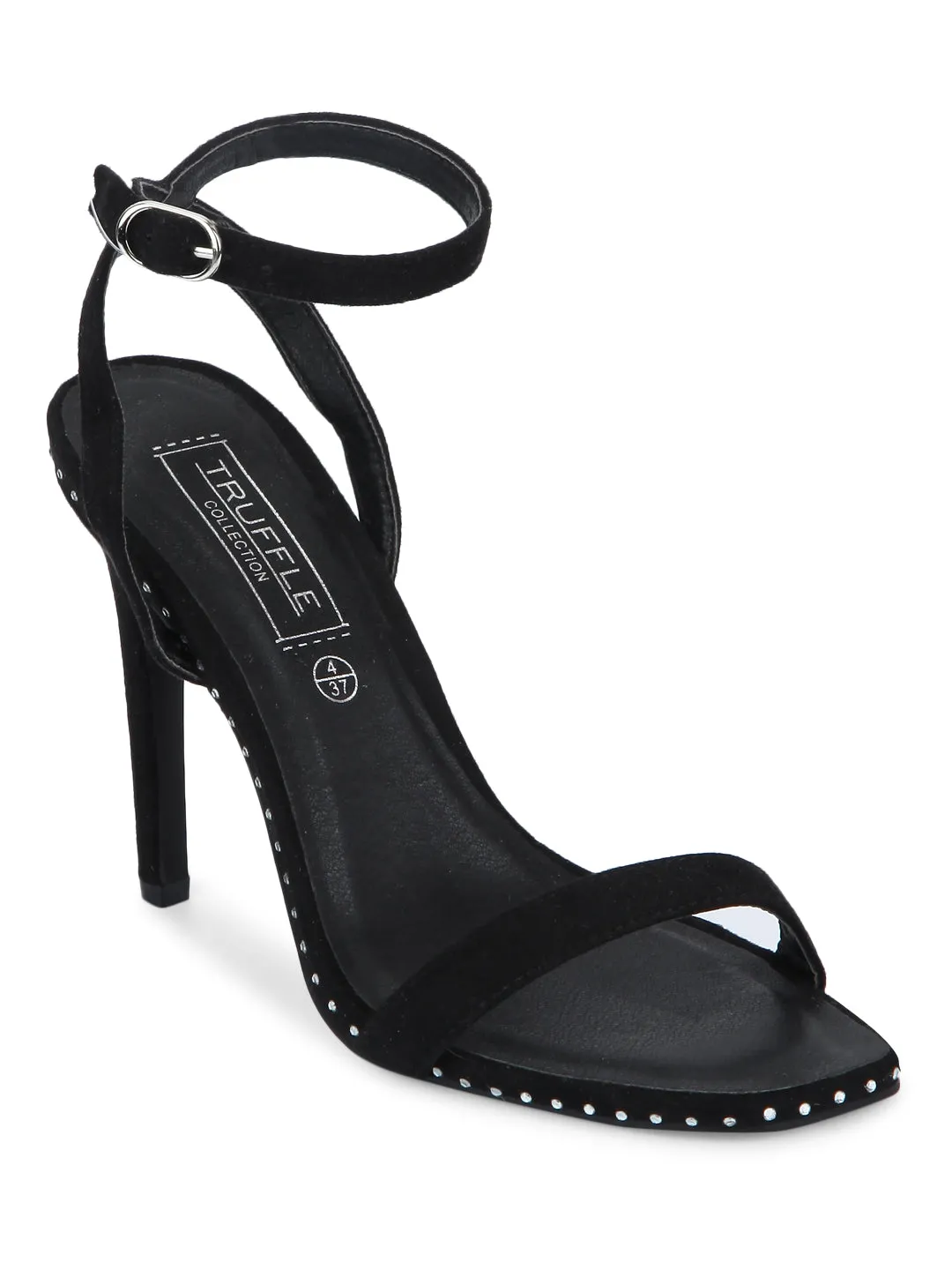 Black Micro Studded Ankle Strap Stilettos