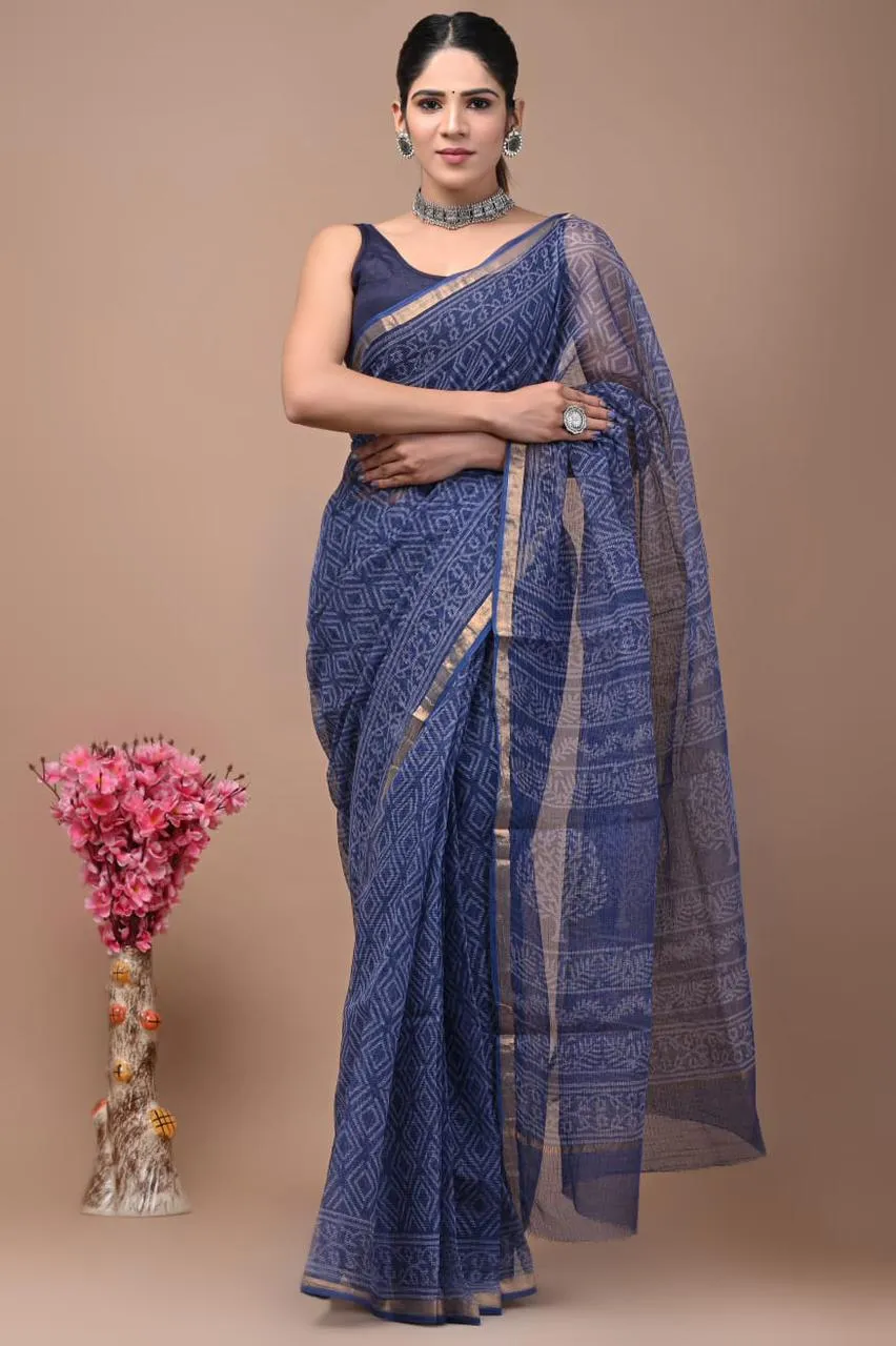 Blue Block Print Kota Doria Saree