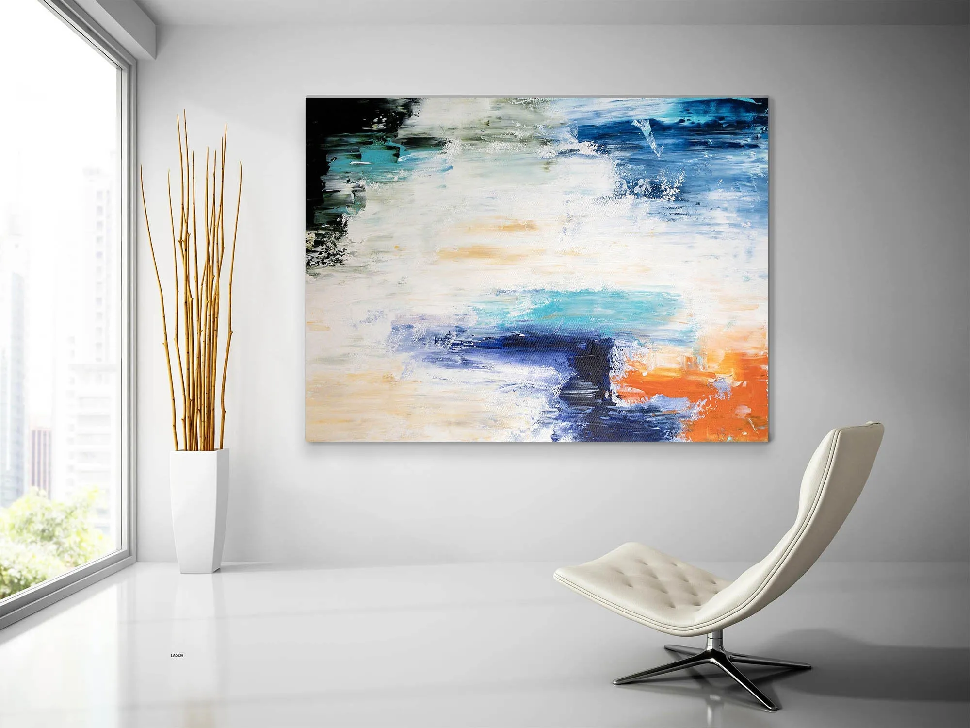 Blue White Orange Abstract Painting Large Living Room Art Fp057