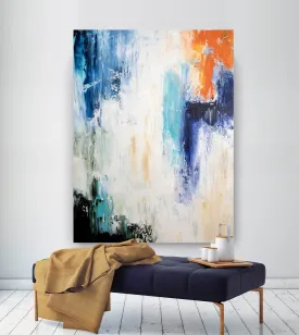 Blue White Orange Abstract Painting Large Living Room Art Fp057