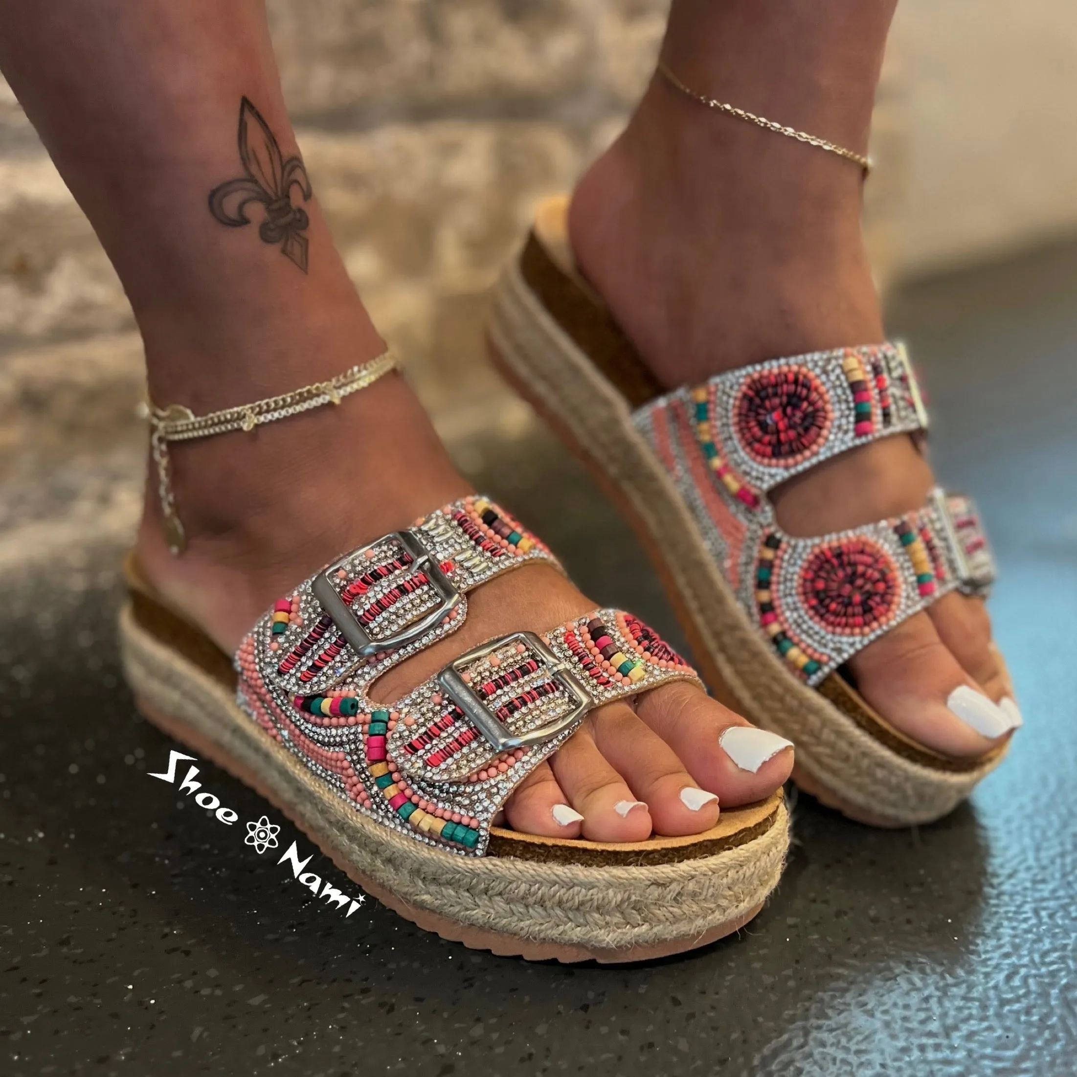 BRAKE-02 Pink Beaded Sandal with Multicolor Bead Accents