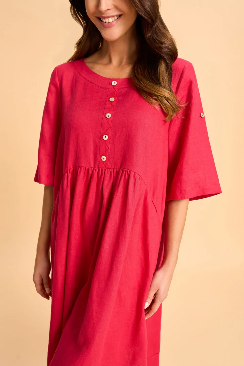 Button Detail Linen Dress - Rouge