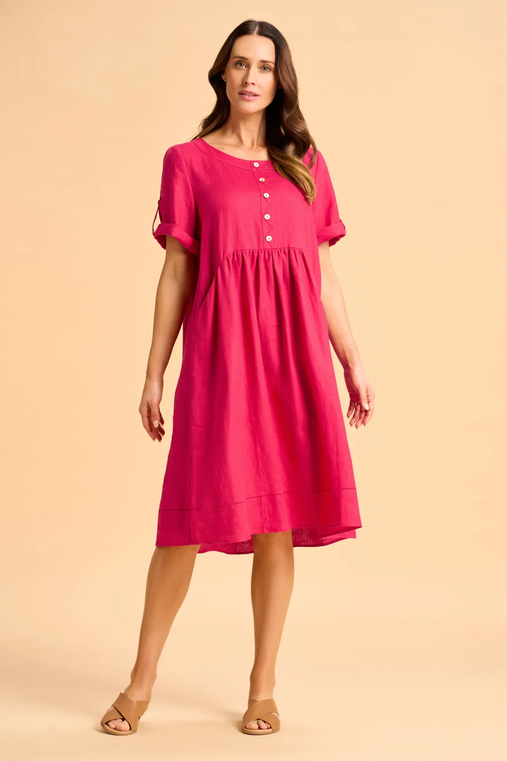 Button Detail Linen Dress - Rouge