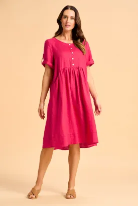 Button Detail Linen Dress - Rouge