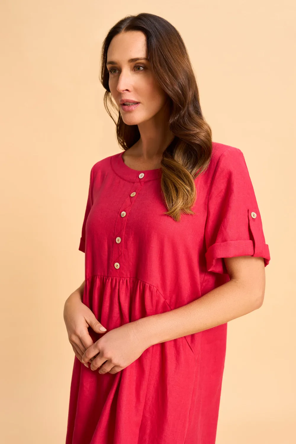 Button Detail Linen Dress - Rouge