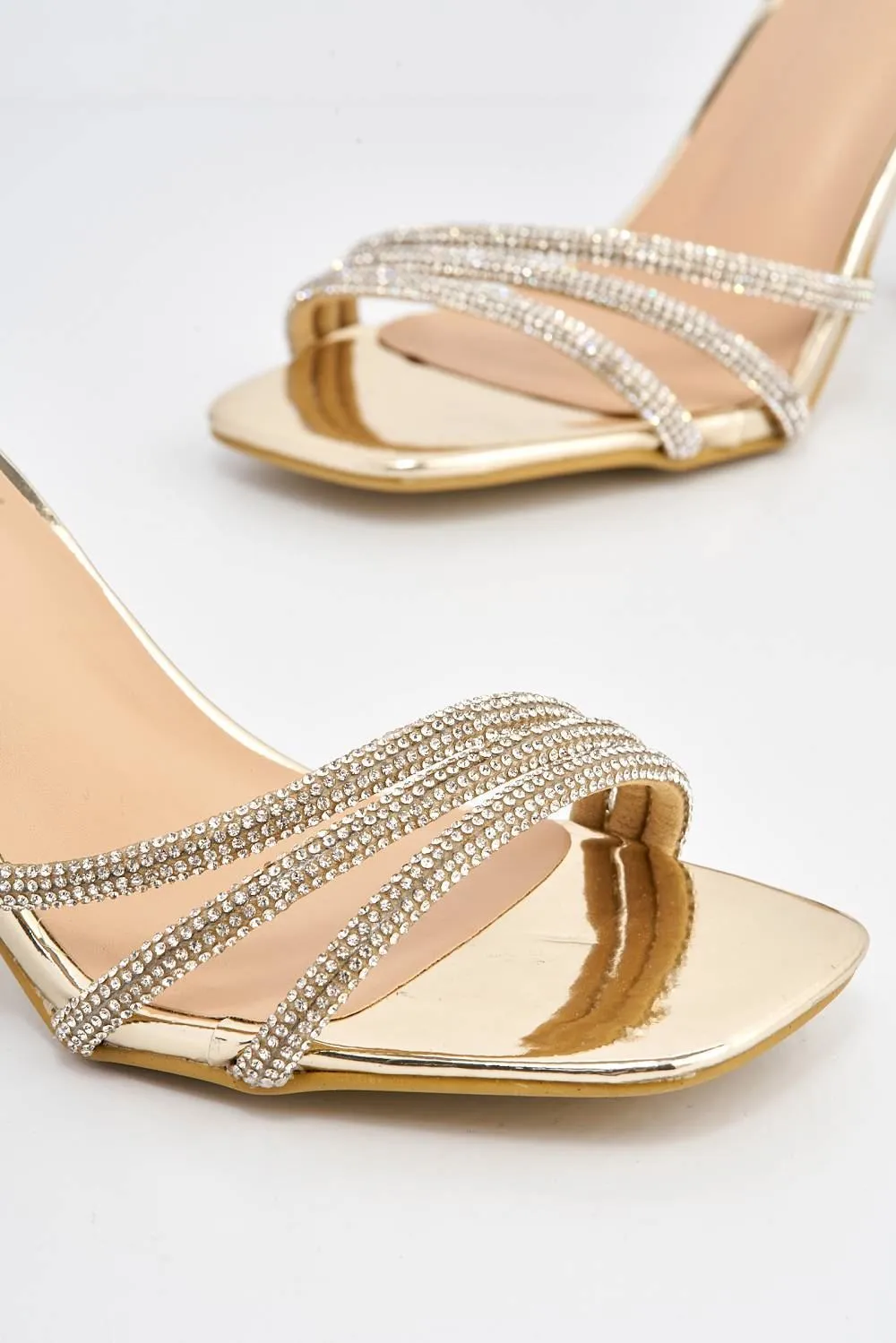 Camina Diamante Embellished 3 Strap Heeled Sandals in Gold