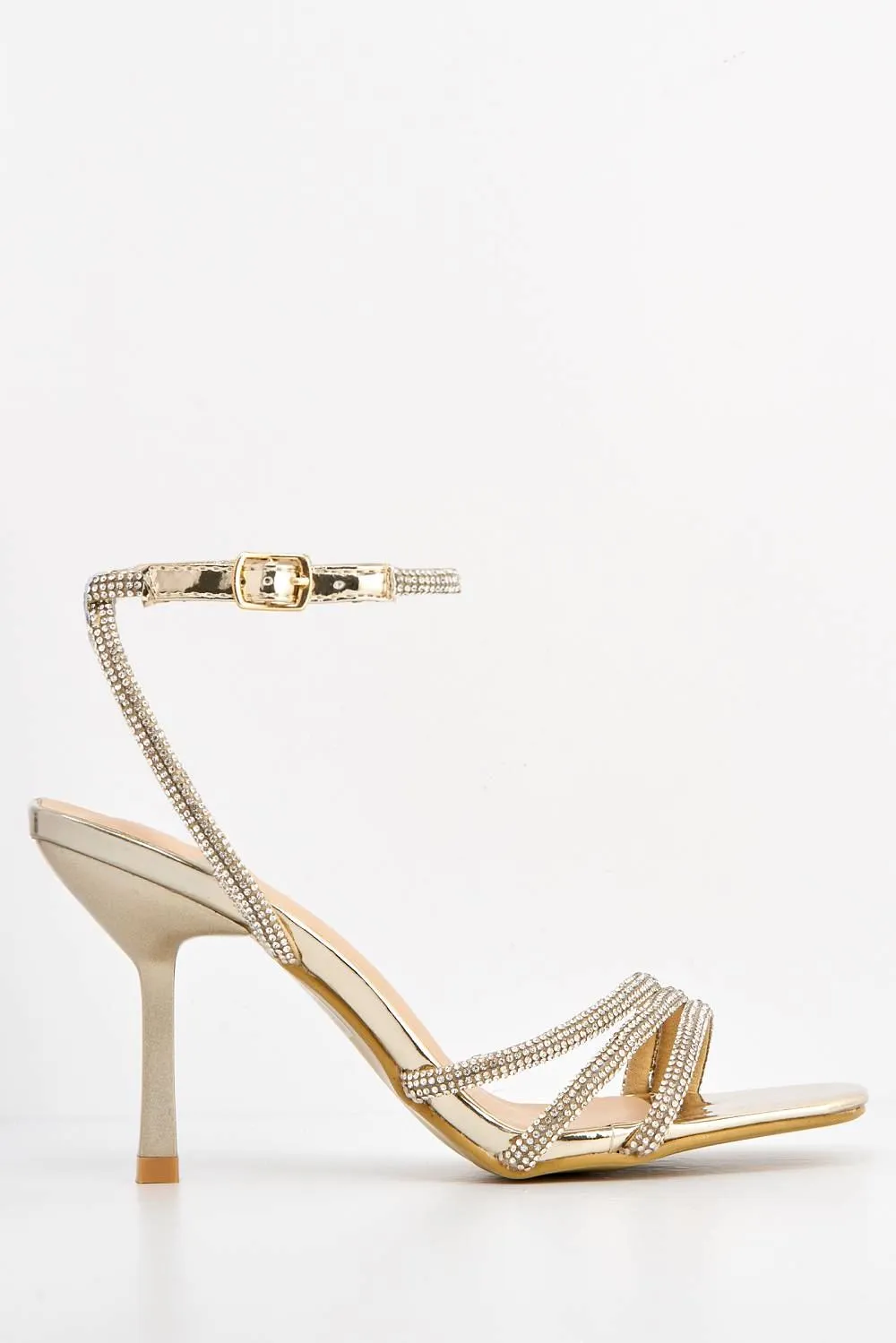 Camina Diamante Embellished 3 Strap Heeled Sandals in Gold