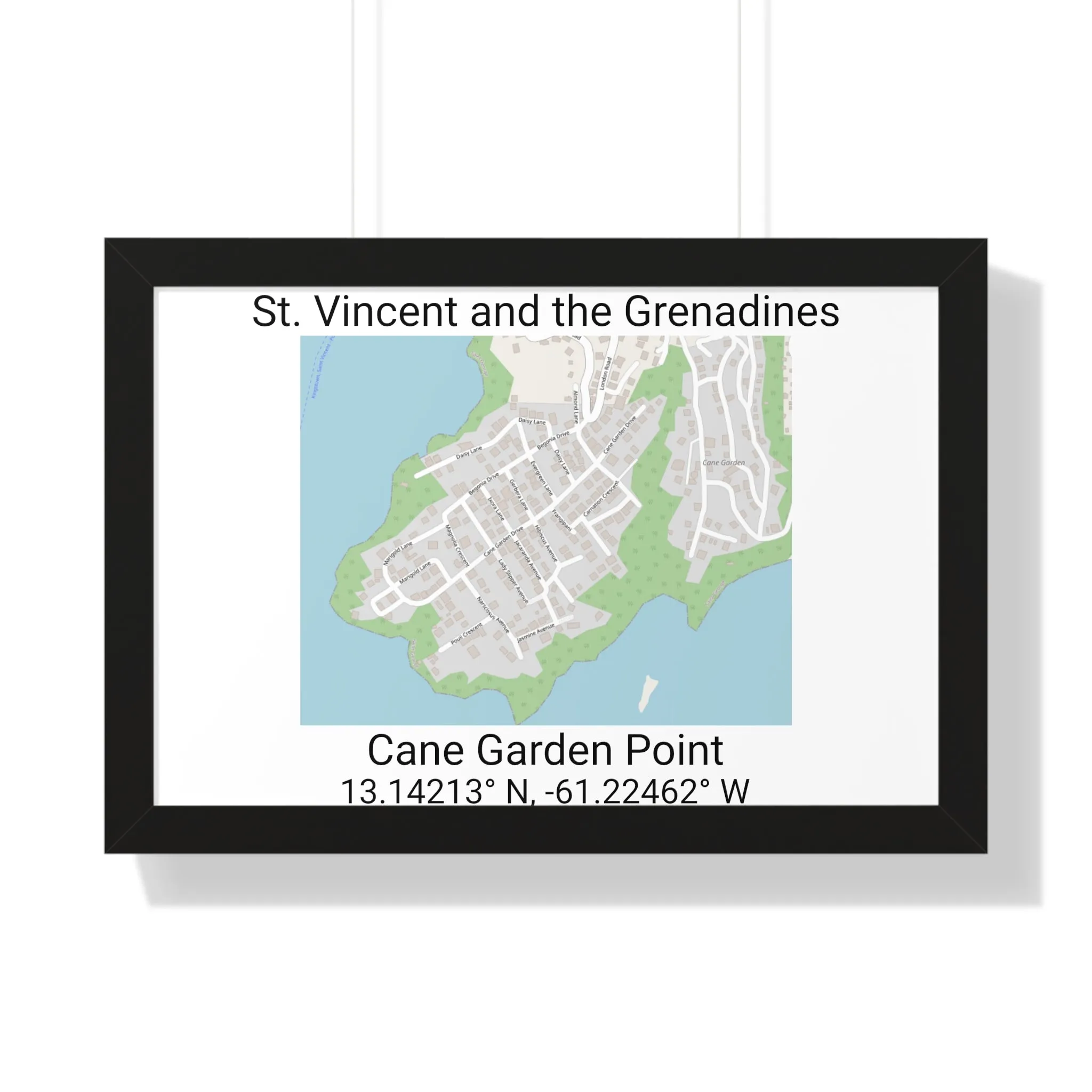 Cane Garden Point St. Vincent and the Grenadines Map Framed Print Poster, Cane Garden Point Streets Map Poster,