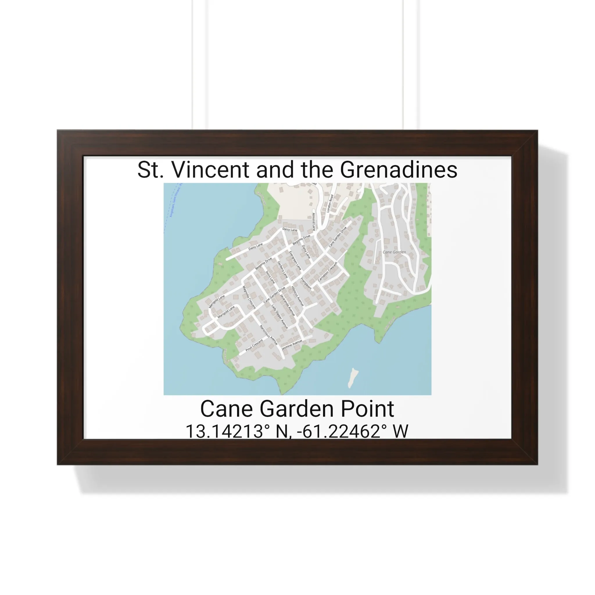 Cane Garden Point St. Vincent and the Grenadines Map Framed Print Poster, Cane Garden Point Streets Map Poster,