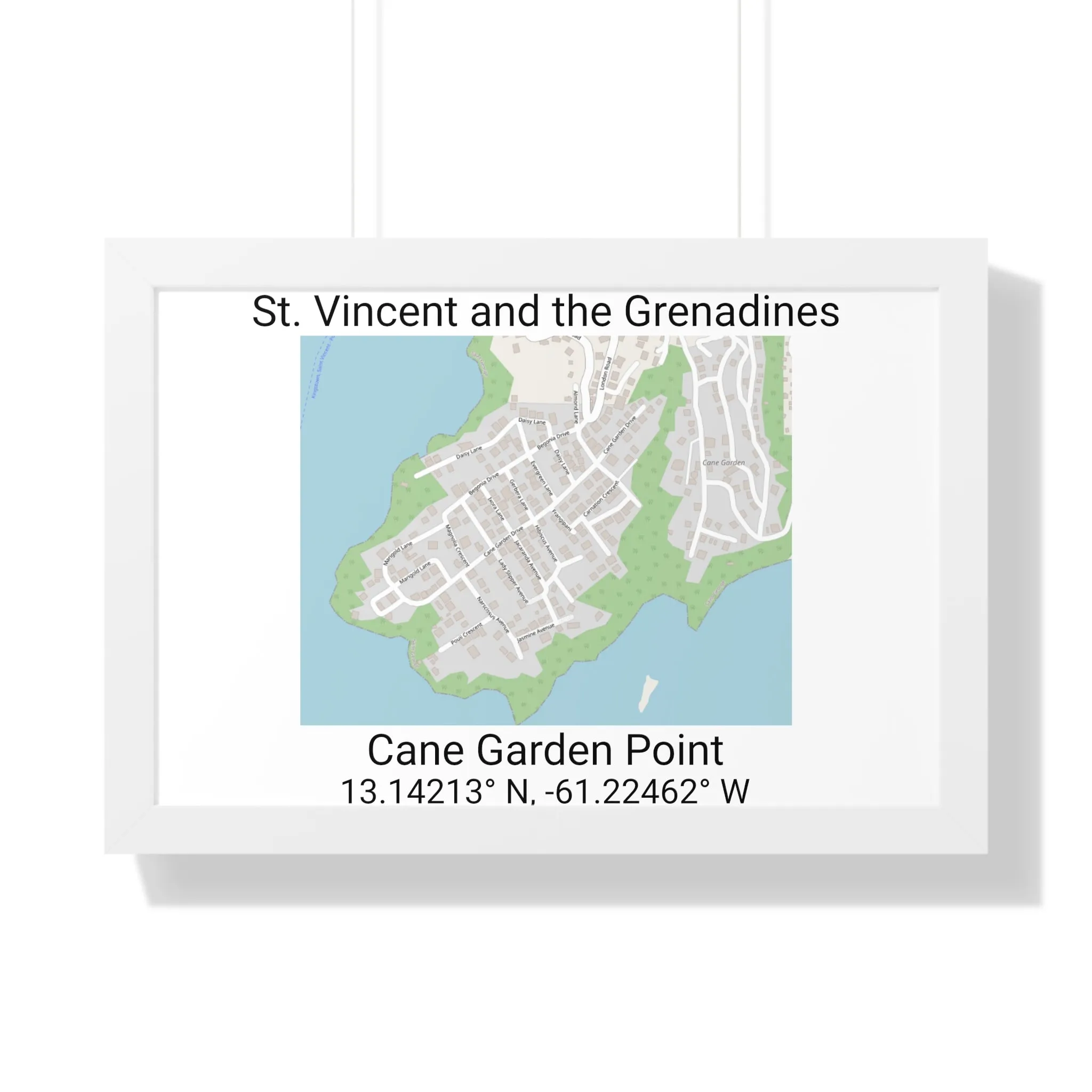 Cane Garden Point St. Vincent and the Grenadines Map Framed Print Poster, Cane Garden Point Streets Map Poster,