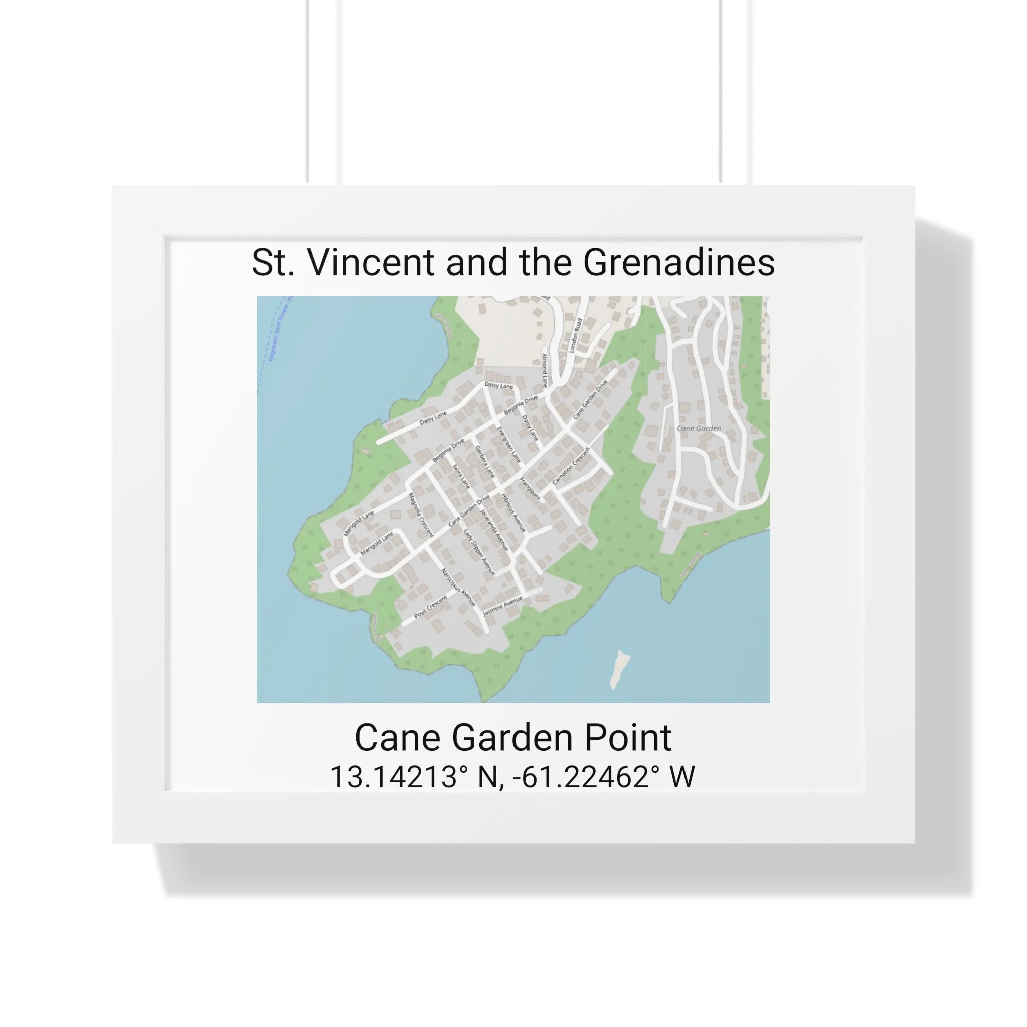 Cane Garden Point St. Vincent and the Grenadines Map Framed Print Poster, Cane Garden Point Streets Map Poster,