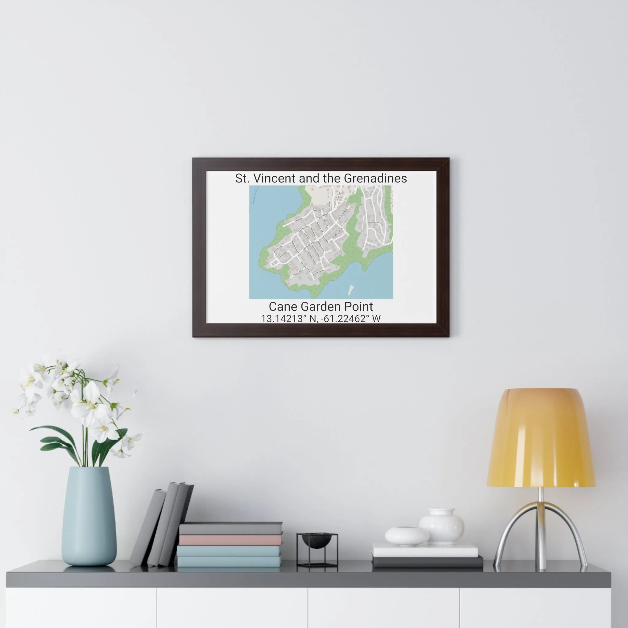 Cane Garden Point St. Vincent and the Grenadines Map Framed Print Poster, Cane Garden Point Streets Map Poster,