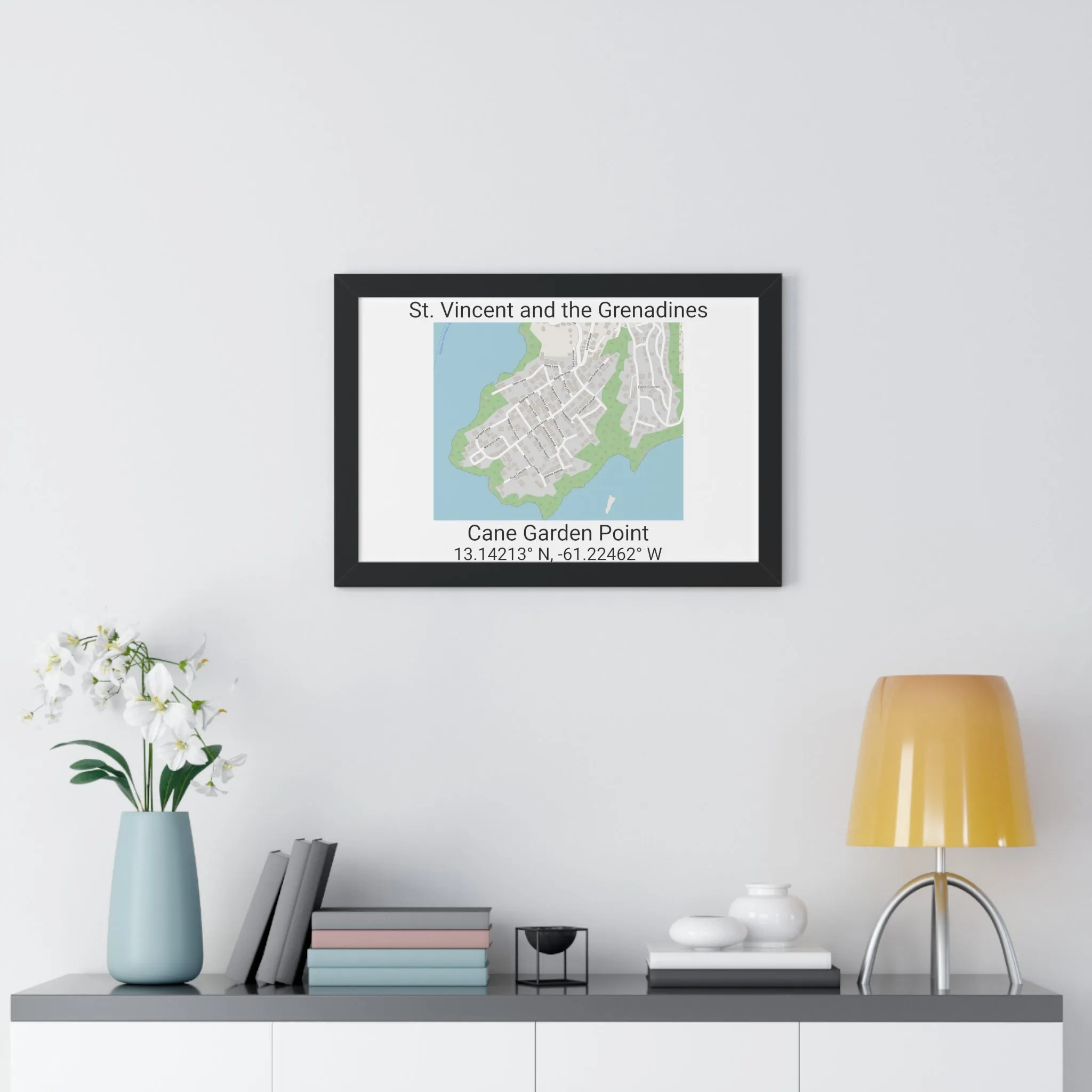 Cane Garden Point St. Vincent and the Grenadines Map Framed Print Poster, Cane Garden Point Streets Map Poster,