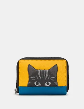 Cat Colour Block Leather Compact Zip Round Purse