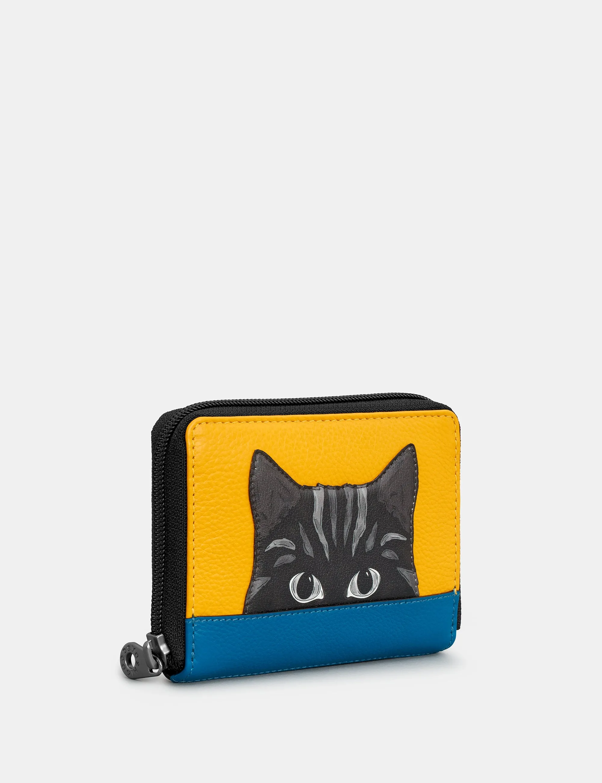 Cat Colour Block Leather Compact Zip Round Purse