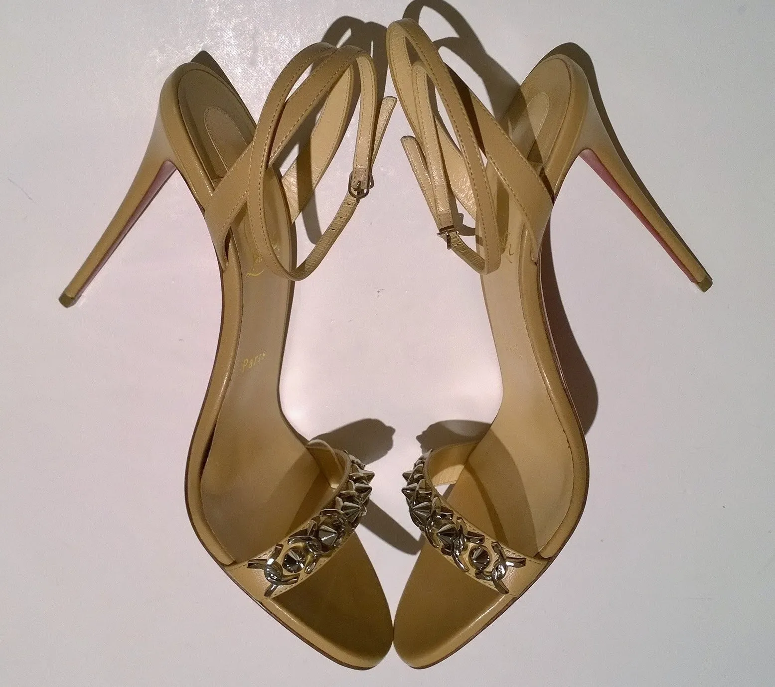 Christian Louboutin Loubigirl Chain 100 Nude Leather Ankle Strap Sandals Heels