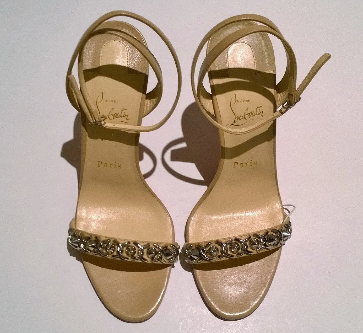 Christian Louboutin Loubigirl Chain 100 Nude Leather Ankle Strap Sandals Heels