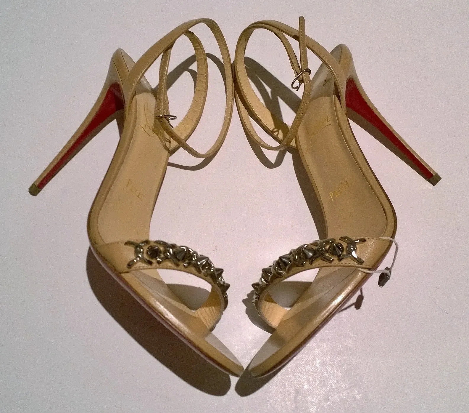 Christian Louboutin Loubigirl Chain 100 Nude Leather Ankle Strap Sandals Heels