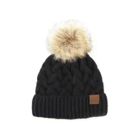 Chunky Braid Pom Beanie - Black