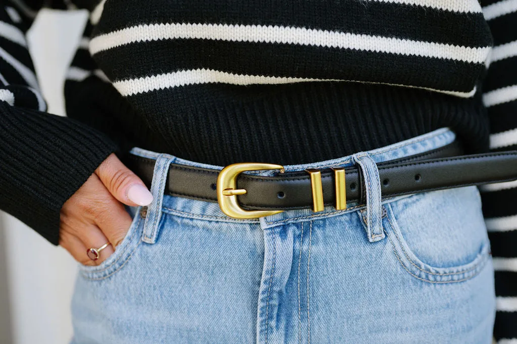 Chunky Metal Leather Belt-Black/Gold