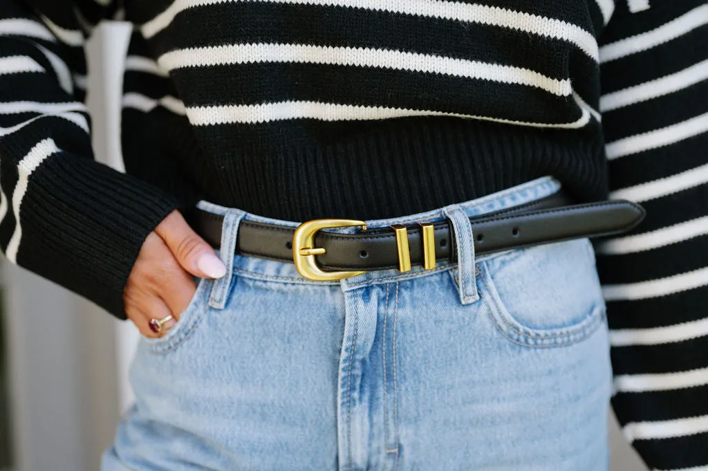 Chunky Metal Leather Belt-Black/Gold