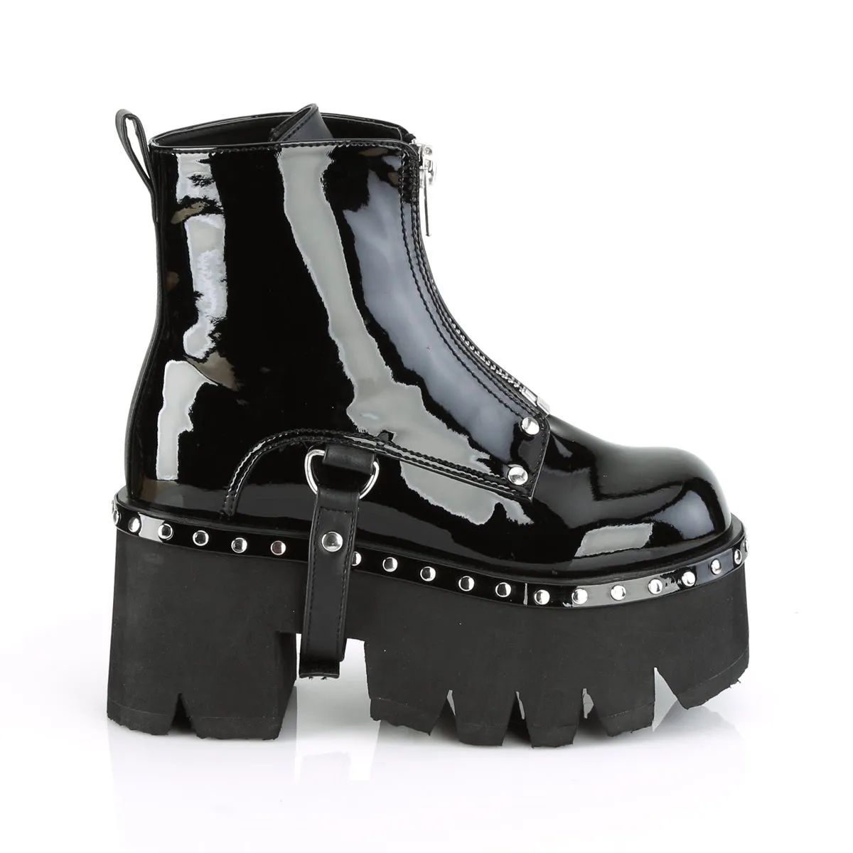 Demonia ASHES-100 | Black Patent Vegan Leather Ankle Boots