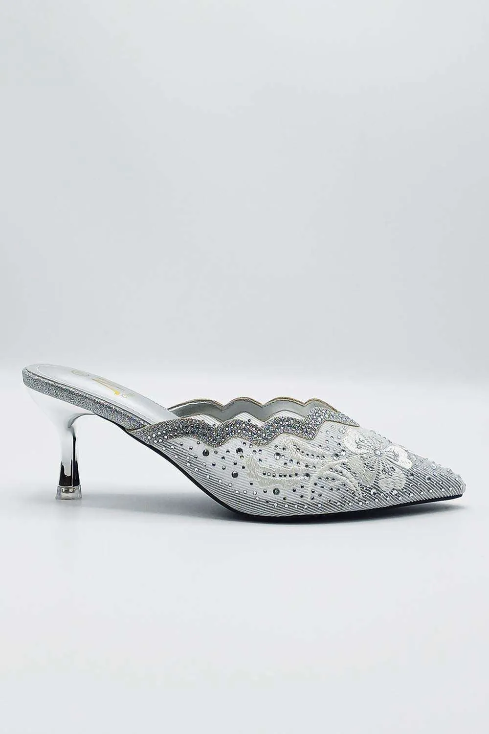 Elia Flower & Diamante Pointed Slip On Mules in Silver