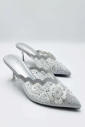 Elia Flower & Diamante Pointed Slip On Mules in Silver