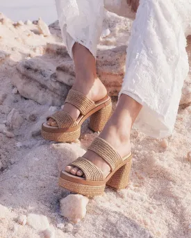 FELICITY HIGH HEEL PLATFORM SANDALS TAN RAFFIA