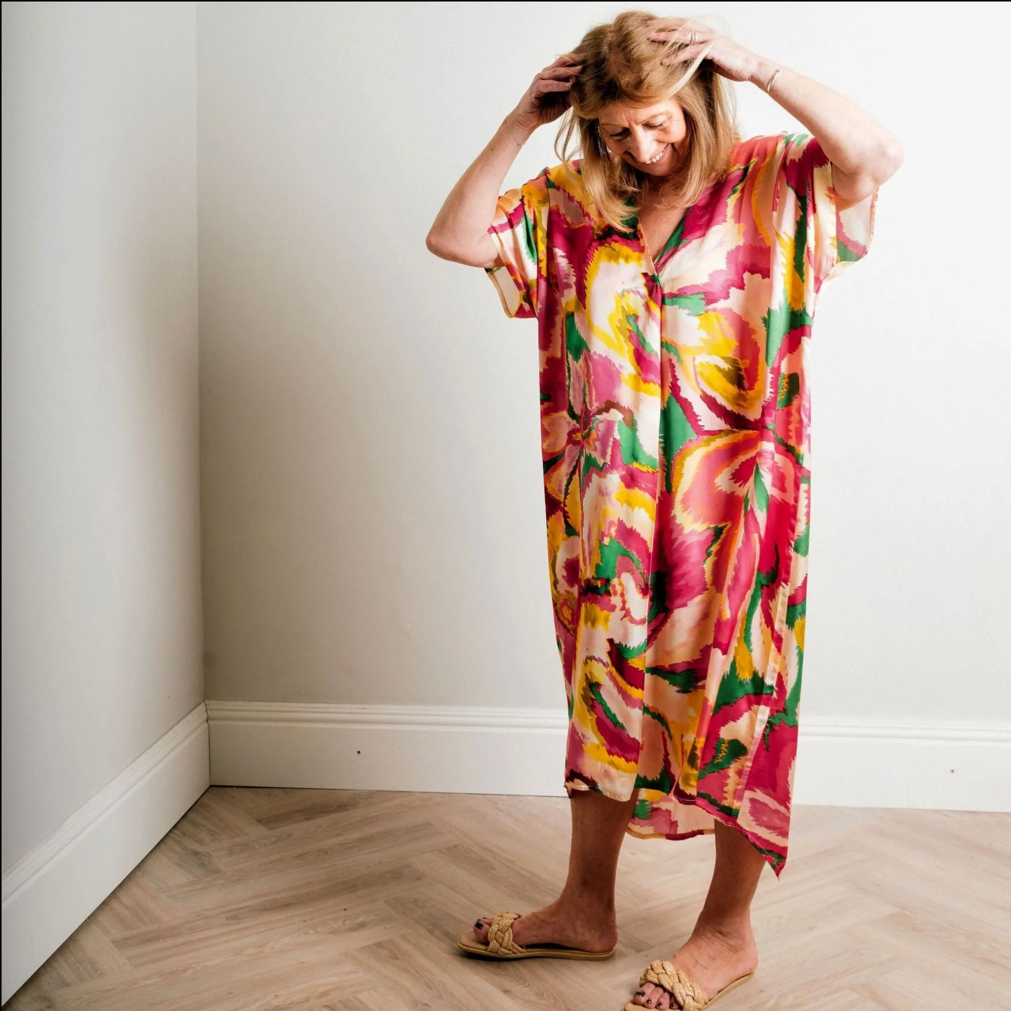 Fuchsia Multi Print Silky Soft Midi Length Kaftan Day and Beach Dress.