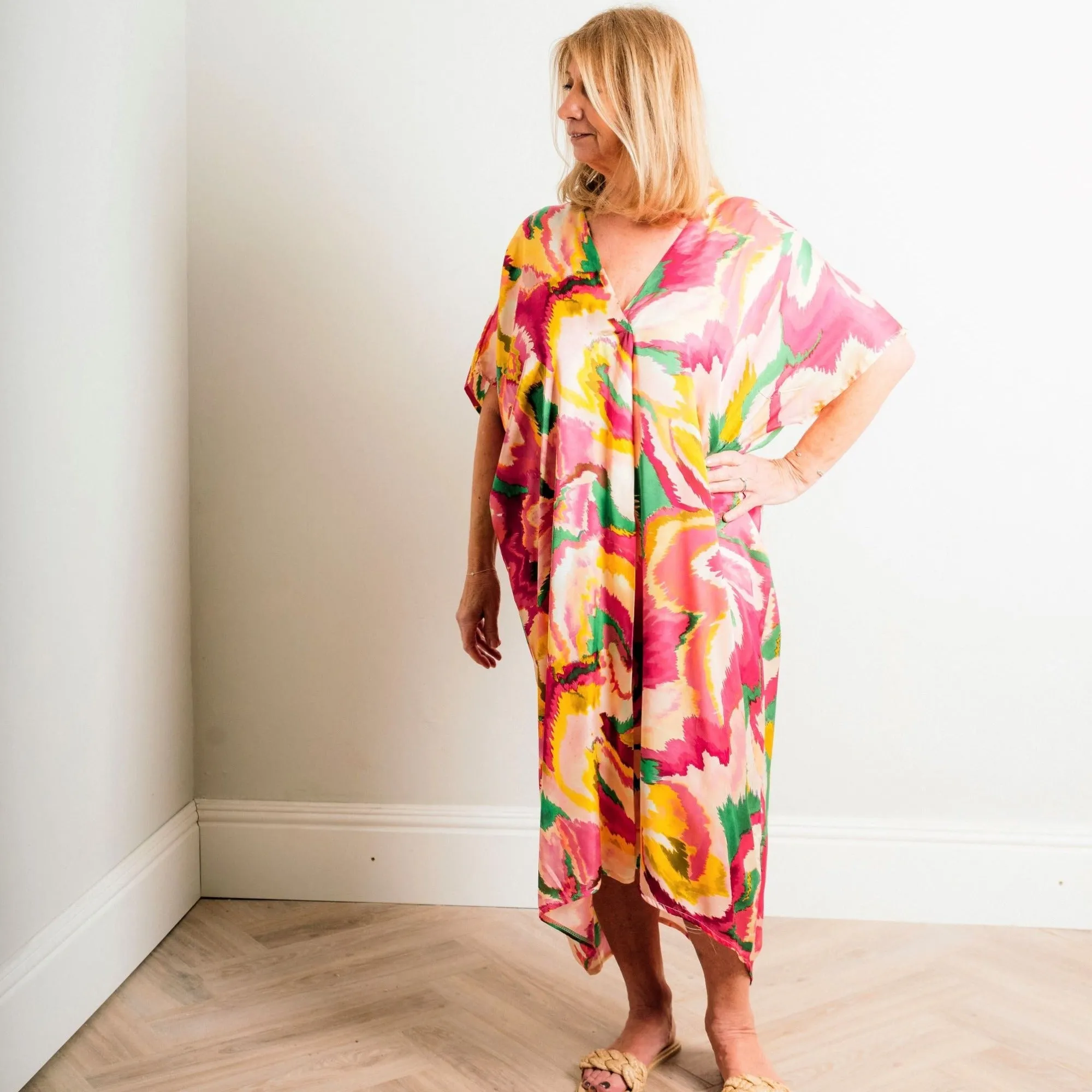 Fuchsia Multi Print Silky Soft Midi Length Kaftan Day and Beach Dress.