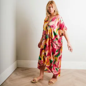 Fuchsia Multi Print Silky Soft Midi Length Kaftan Day and Beach Dress.