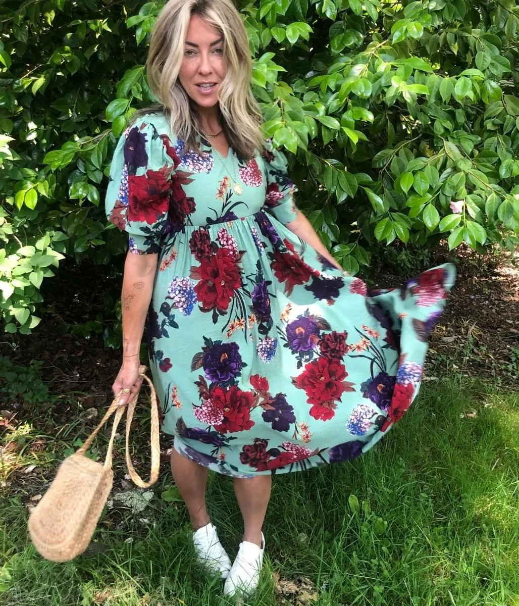 Green Floral Print Tiered Midi Dress