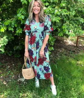 Green Floral Print Tiered Midi Dress