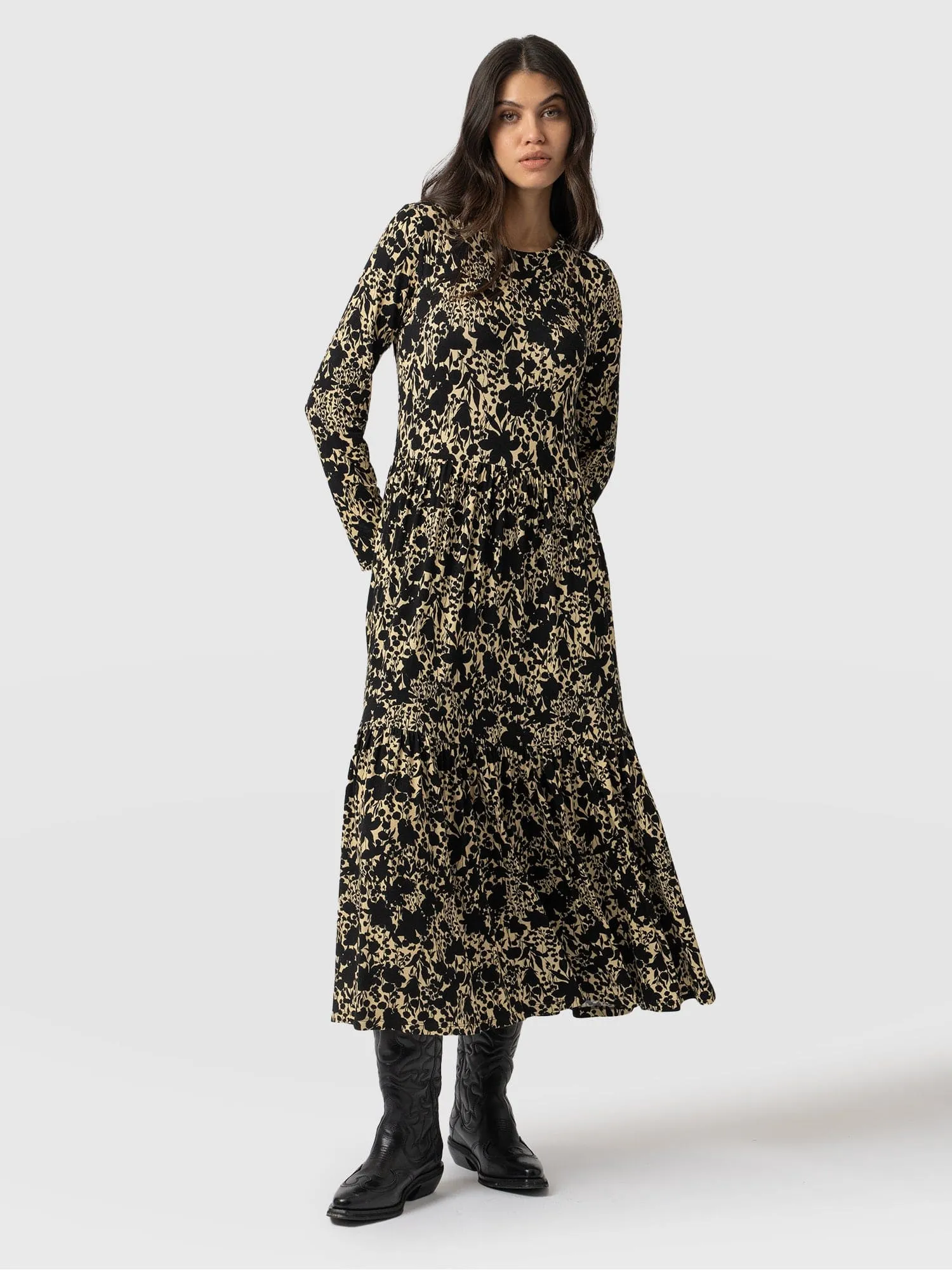 Greenwich Dress Long Sleeve - Yellow Black Floral