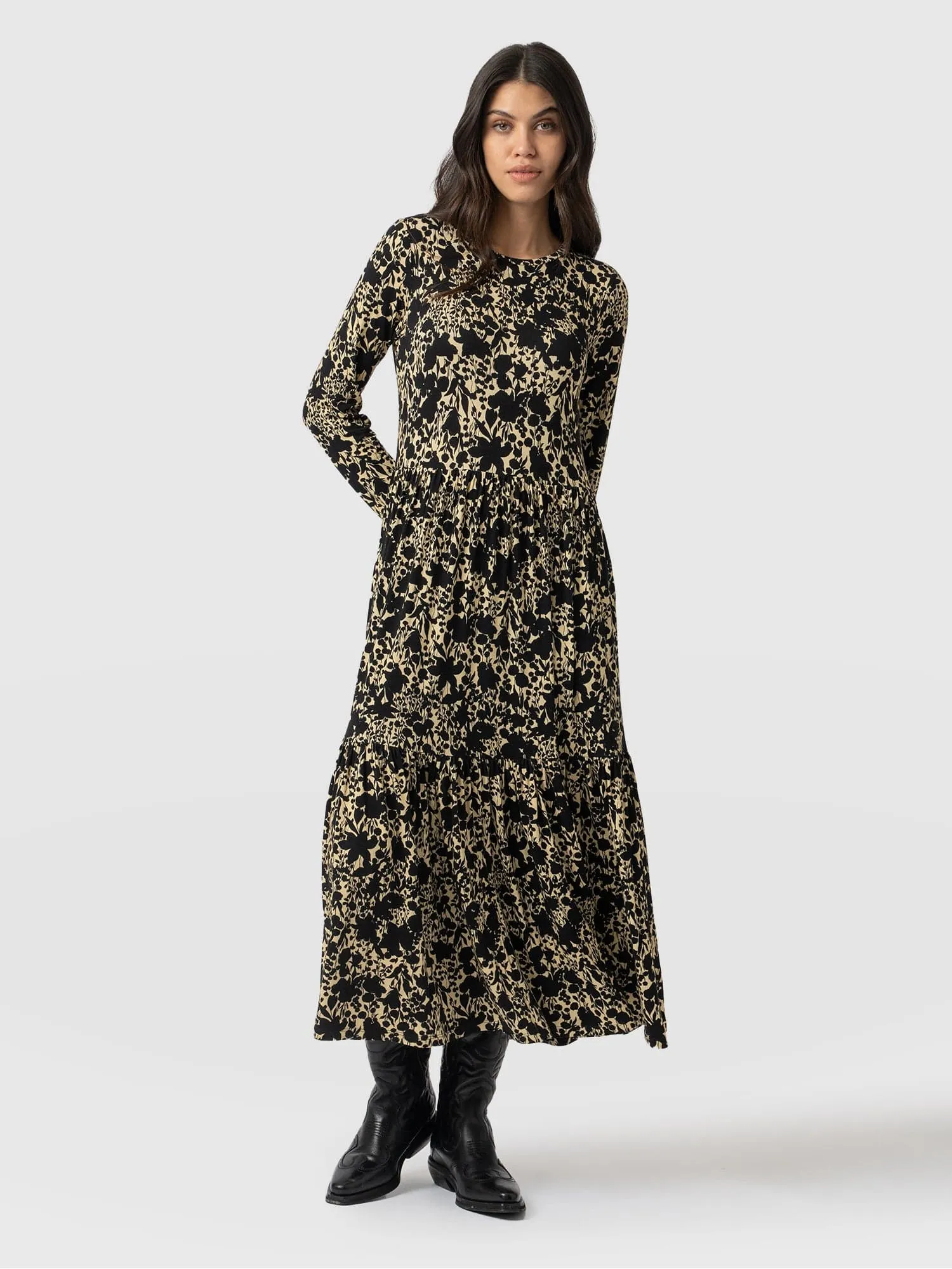 Greenwich Dress Long Sleeve - Yellow Black Floral