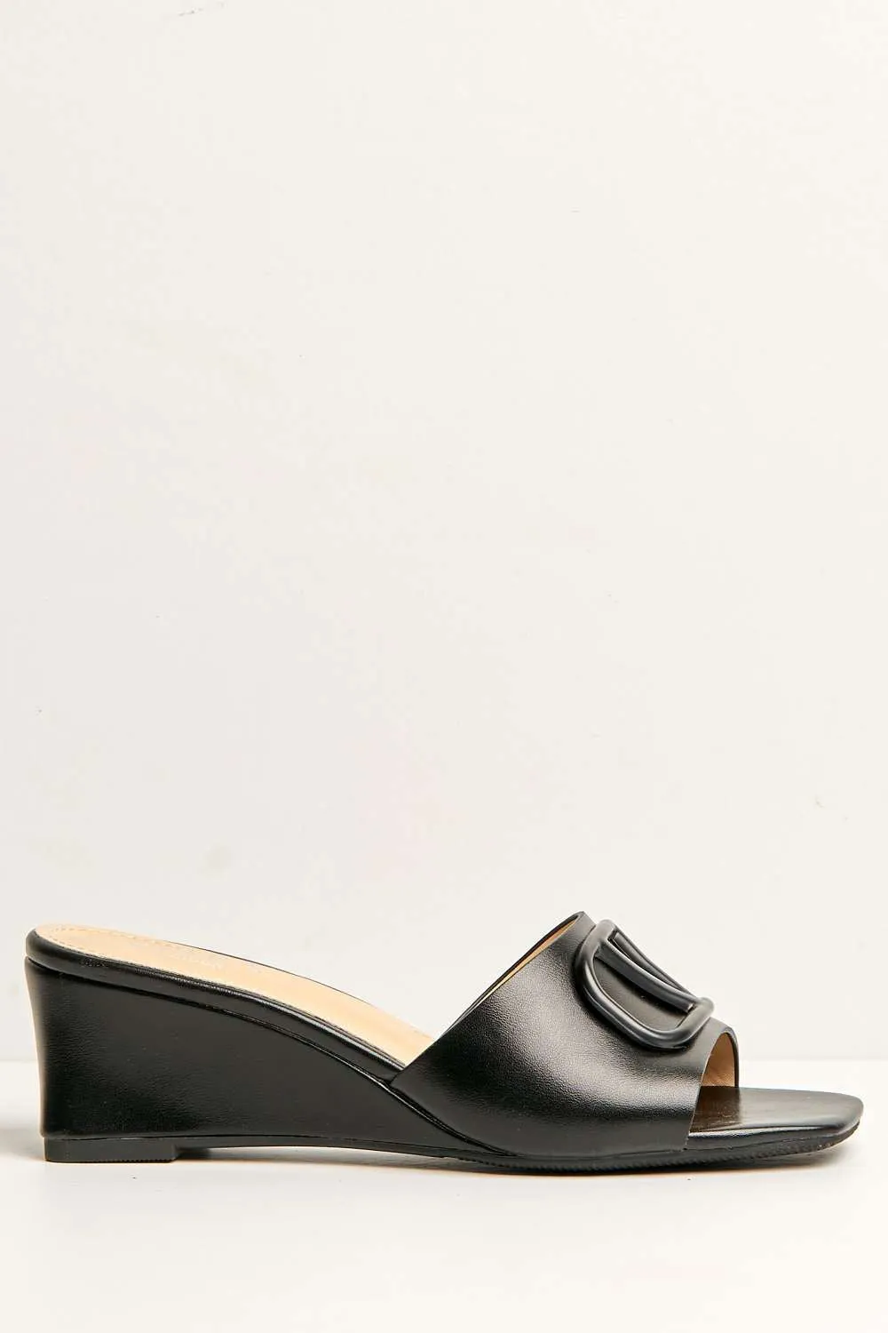 Heidi V Brooch Detail Wedge Mules in Black