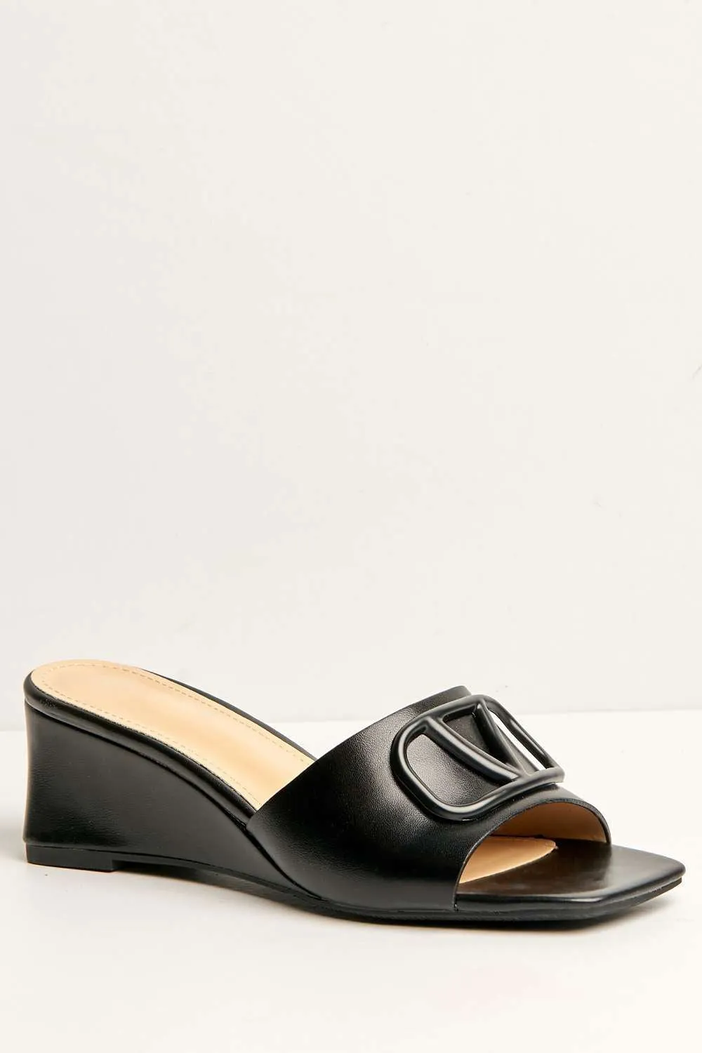 Heidi V Brooch Detail Wedge Mules in Black