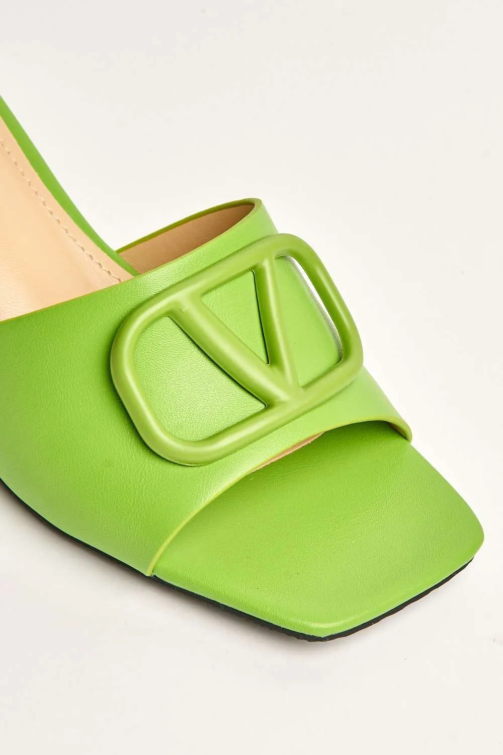 Heidi V Brooch Detail Wedge Mules in Green