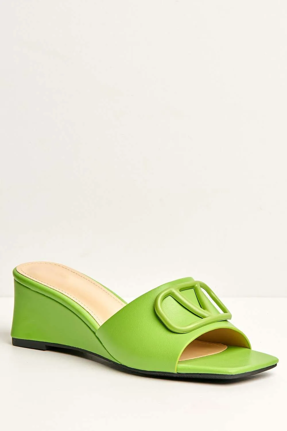 Heidi V Brooch Detail Wedge Mules in Green