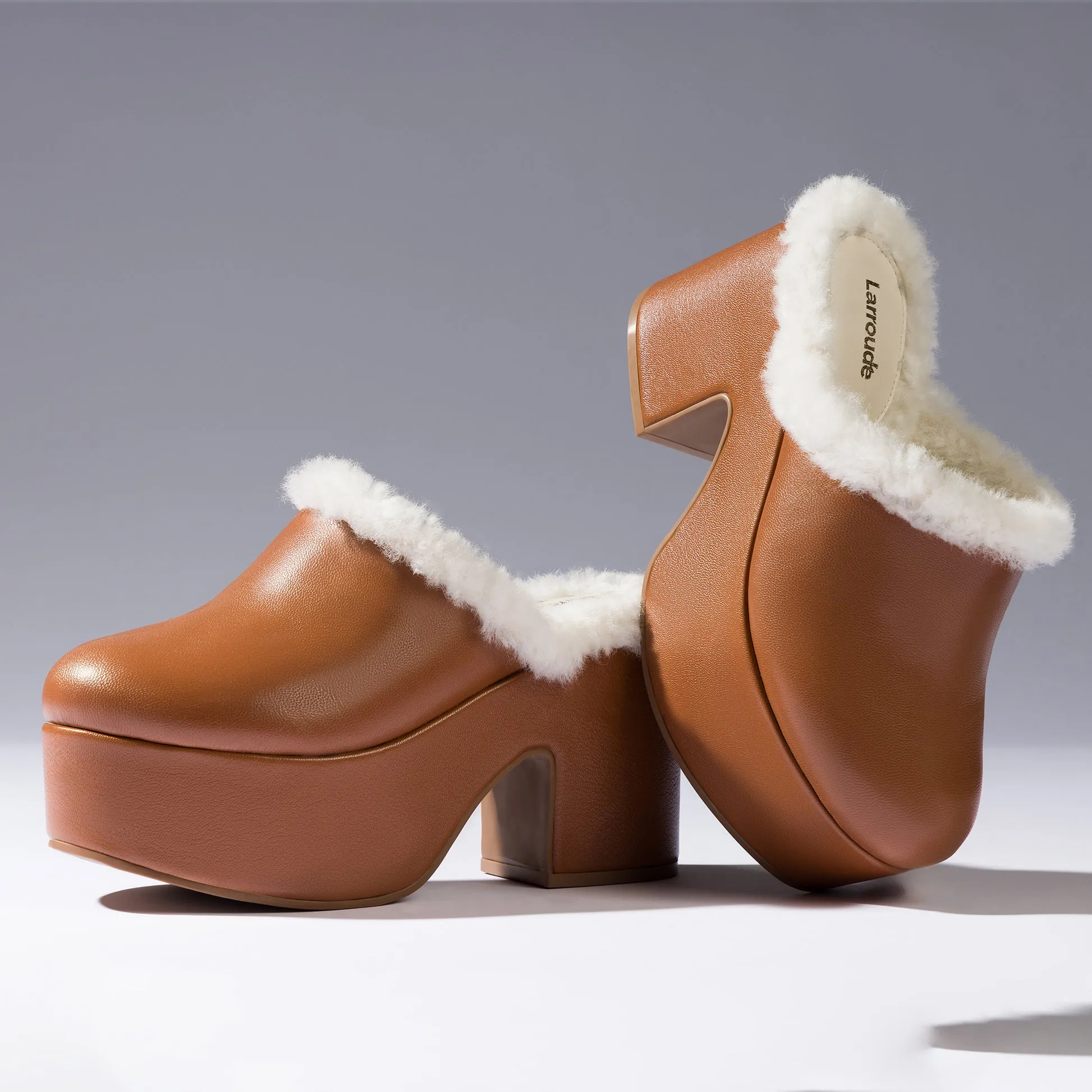 Miso Platform Clog In Caramel Leather and Natural Shearling