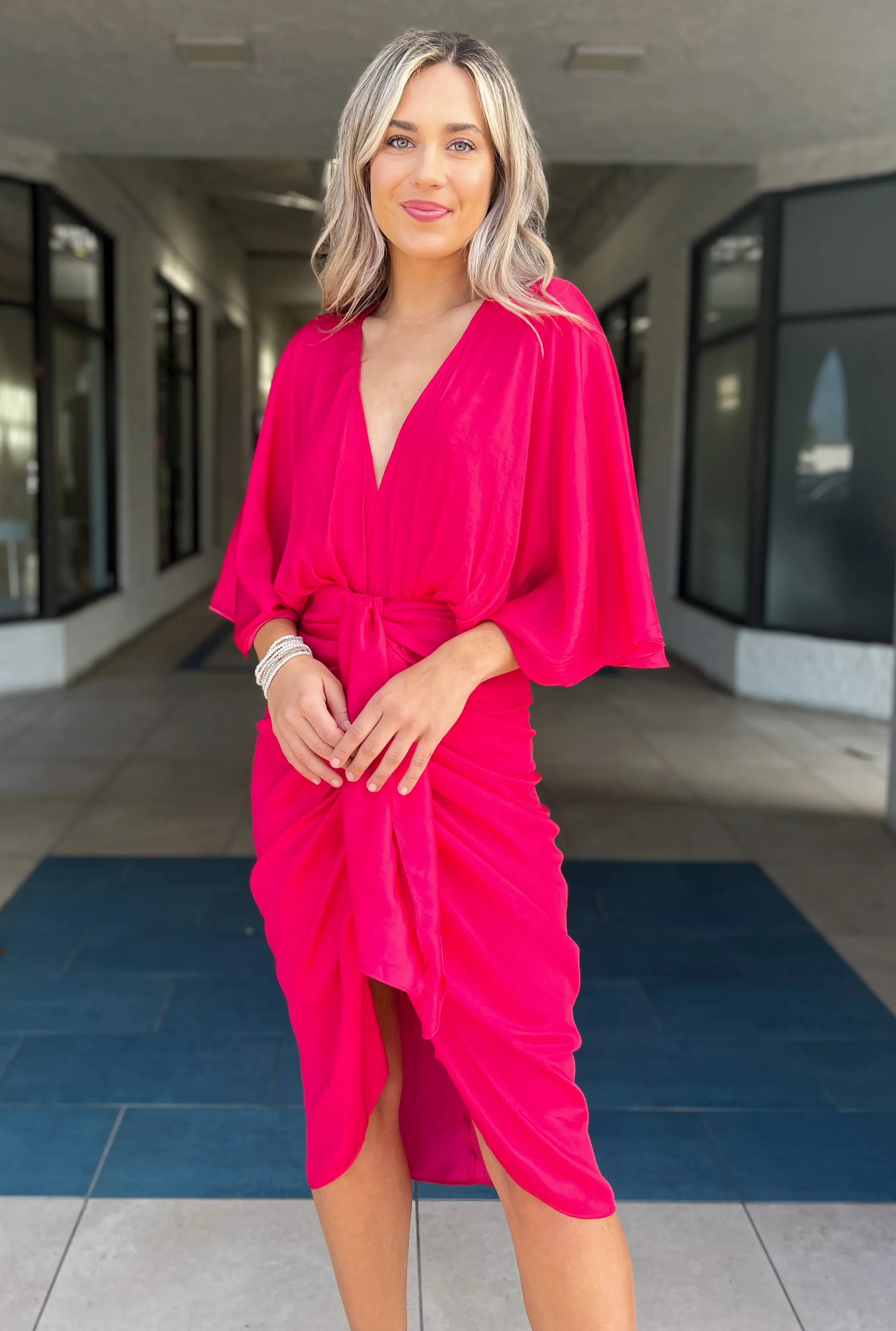 Monroe Kimono Sleeve Dress (Bright Berry)