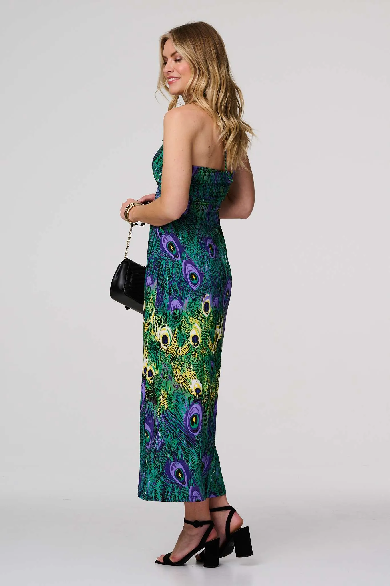 Peacock Print Halterneck Maxi Dress