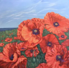 POPPIES ON BLUE by Cheryl Davis - Floral Painting