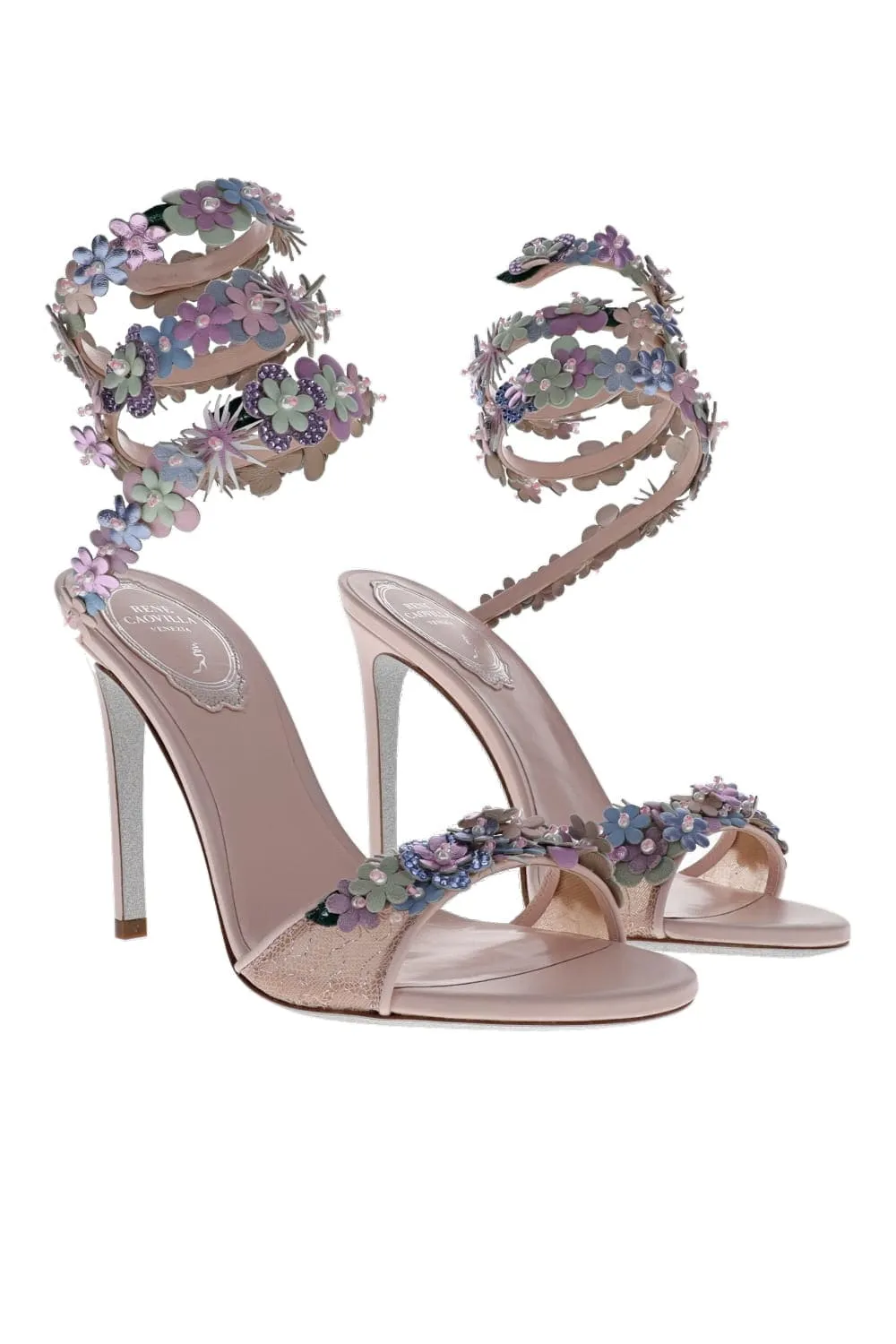 Roxanne Blue Floral Embellished Ankle Wrap Heel