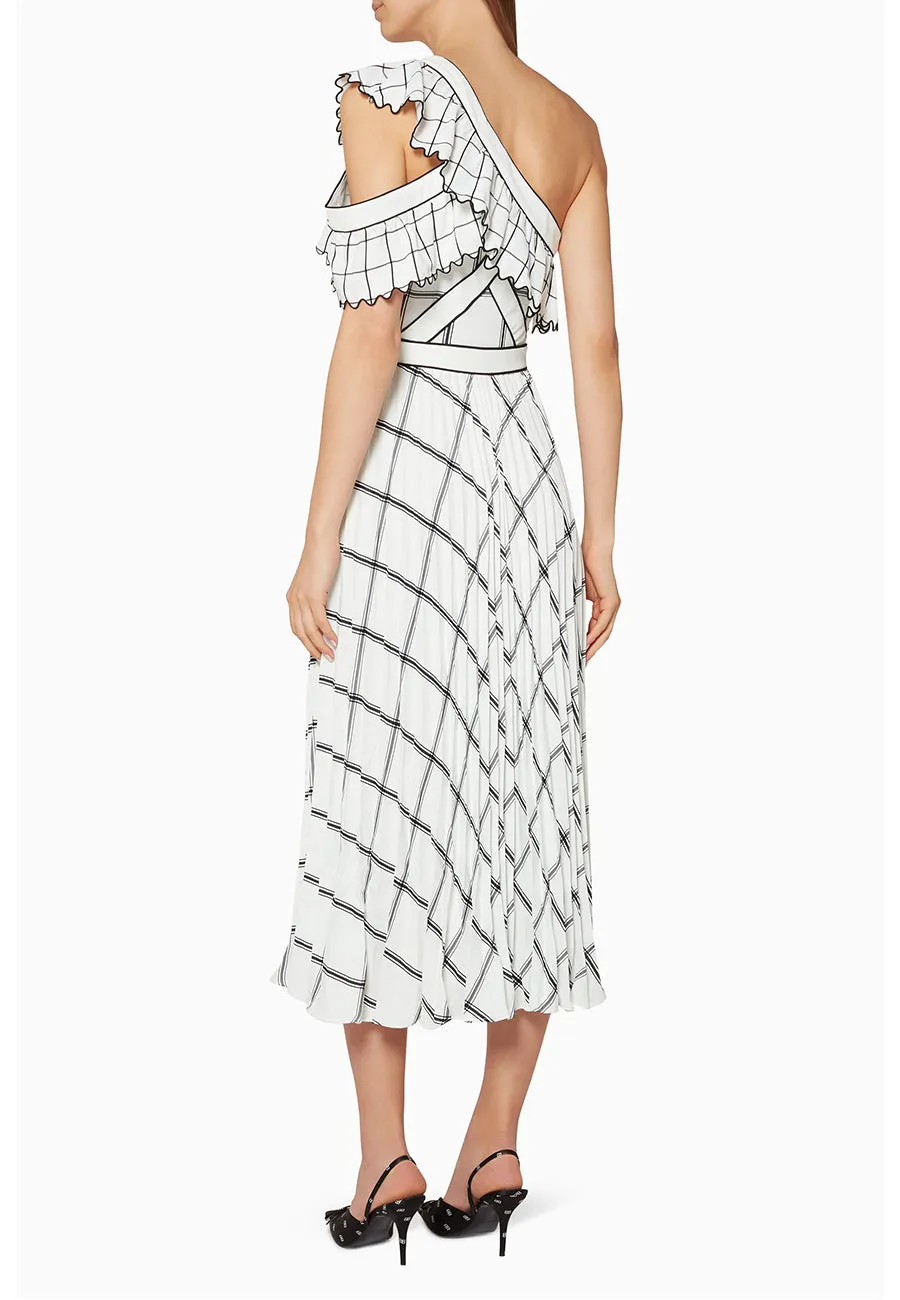 White Check One Shoulder Midi Dress